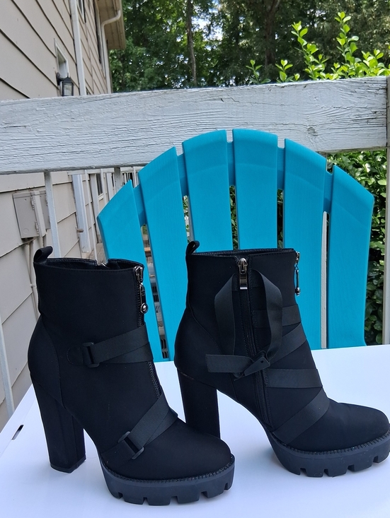 Shoes - Black Women's Strappy Lug-Heel Ankle Boots - Fashion